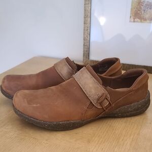 Clarks Women’s Tan-Brown Leather Buckle Slip-Ons